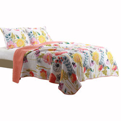 2 Piece Cotton Twin Size Quilt Set with Stencil Flower Print, Multicolor