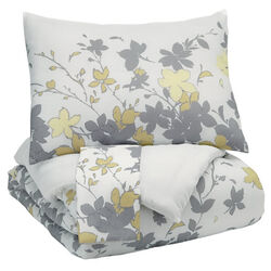3 Piece Fabric Queen Comforter Set with Floral Print, Gray and Yellow