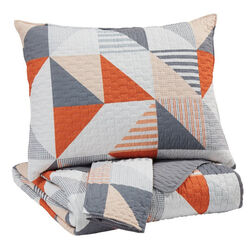3 Piece Fabric Full Coverlet Set with Geometric Print, Gray and Orange
