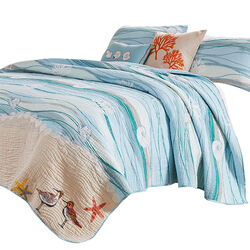 Maritsa Five Piece Queen Size Fabric Quilt Set with Coastal Prints, Blue