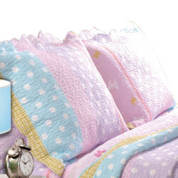 Nestos Fabric 3 Piece Queen Quilt Set with Polka Dots and Stripes Pattern, Pink