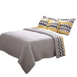 Neva 3 Piece Reversible King Coverlet Set with Chevron Pattern, Yellow and Gray