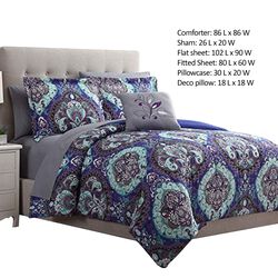 Split 8 Piece Reversible Printed Queen Size Complete Bed Set The Urban Port, Blue
