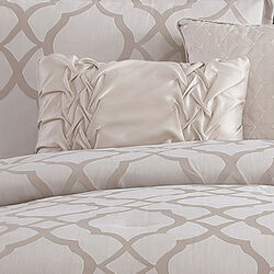 9 Piece Queen Size Fabric Comforter Set with Quatrefoil Prints, White