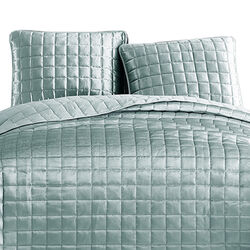 3 Piece King Size Coverlet Set with Stitched Square Pattern, Sea Green
