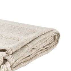 Fabric Throw Blanket with Woven Pattern and Tassels, Off White