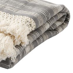 Fabric Throw with Fringe Details and Plaid Pattern, Gray and Cream