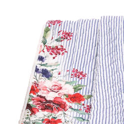 Seine Fabric Throw Blanket with Stripe and Floral Pattern, Blue