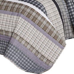 Prague 3 Piece Microfiber Plaids and Striped Pattern Queen Quilt Set, Taupe Gray