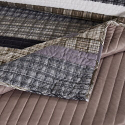Prague 3 Piece Microfiber Plaids and Striped Pattern King Quilt Set, Taupe Gray