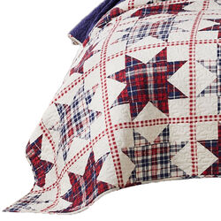 Munich 3 Piece Plaid Pattern Star Patchwork Queen Quilt Set, Red and Off White