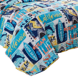 Naples 2 Piece Microfiber Beach Print and Typography Twin Quilt Set, Blue