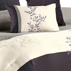7 Piece King Polyester Comforter Set with Leaf Embroidery, Gray and Purple