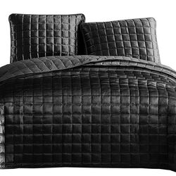 3 Piece Queen Size Coverlet Set with Stitched Square Pattern, Dark Gray