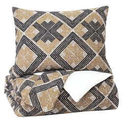 3 Piece Fabric Queen Comforter Set with Geometric Print, Black and Brown
