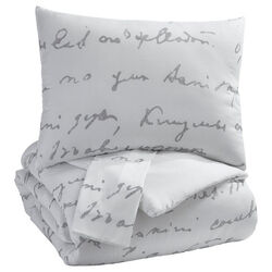 3 Piece Fabric Queen Comforter Set with Script Print, White and Gray