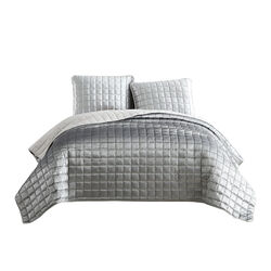 3 Piece Queen Size Coverlet Set with Stitched Square Pattern, Silver