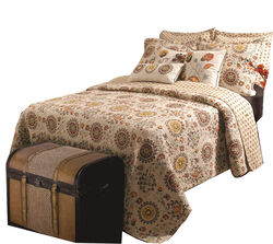 Elbe 4 Piece Twin Quilt Set with Medallion and Floral Pattern, Beige and Brown