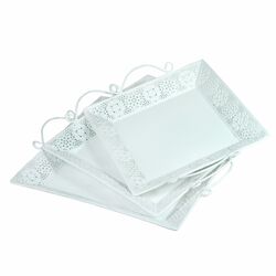 Metal Tray With Handle, Set Of 3, White