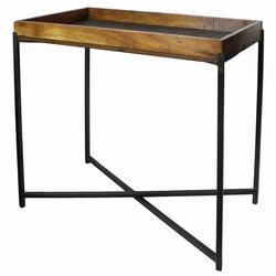 Wooden Tray Table with Tubular Frame and X Shaped Base, Brown and Black