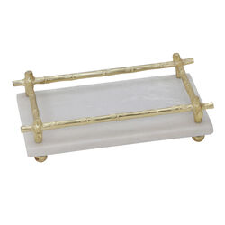 Rectangular Marble Tray with and Metal Handle, Set of 2,White and Gold
