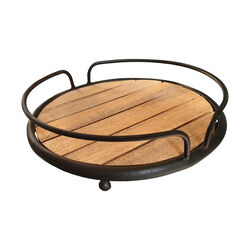 Round Tubular Metal Frame Tray with Plank Style Wooden Base, Brown and Black