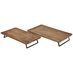 Wooden Rectangular Top Tray Set with Metal Stand,Set of 2,Brown and Black