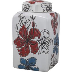 Square Shaped Ceramic Lidded Jar With Flower Design, Multicolor