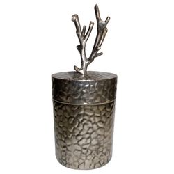 Patterned Metal Lidded Jar With Tree Branch Top, Silver
