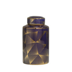 Contemporary Styled Ceramic Jar with Fine Patterns, Blue and Gold, Small