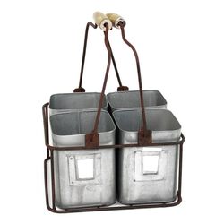 Galvanized Metal Four Tin Storage Organizer with Movable Wooden Handle,Gray