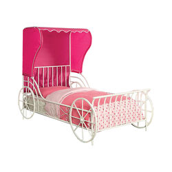 Twin Size Metal Carriage Bed With Pink Wingback Tent, White 