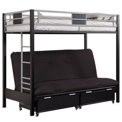 Metal Twin Bunk Bed With Futon Base, Silver and Black