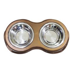 Plastic Framed Double Diner Pet Bowl in Stainless Steel, Small, Gold and Silver-Set of 6