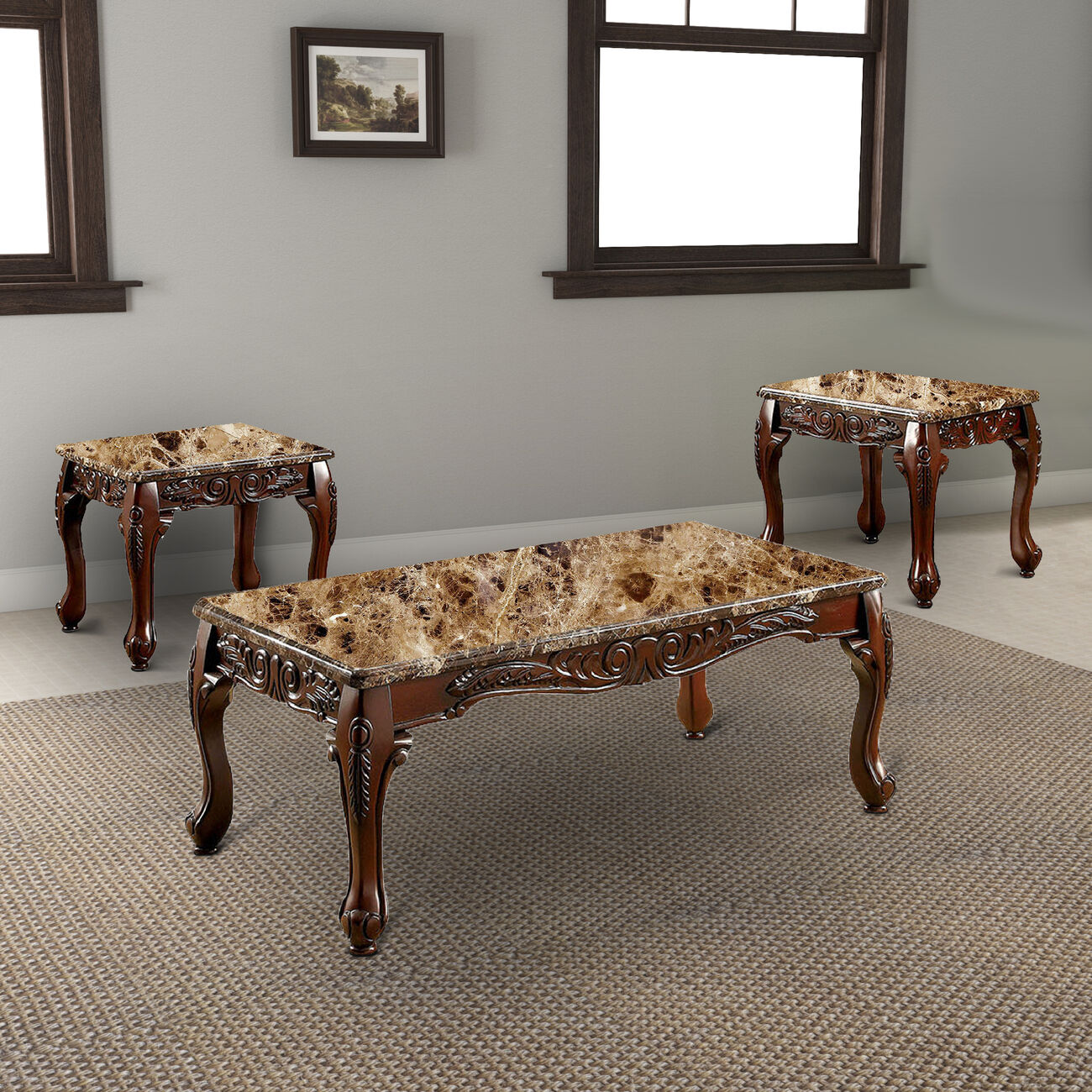 3 PIECE TABLE SET With Marble Table Top, Dark Oak Brown