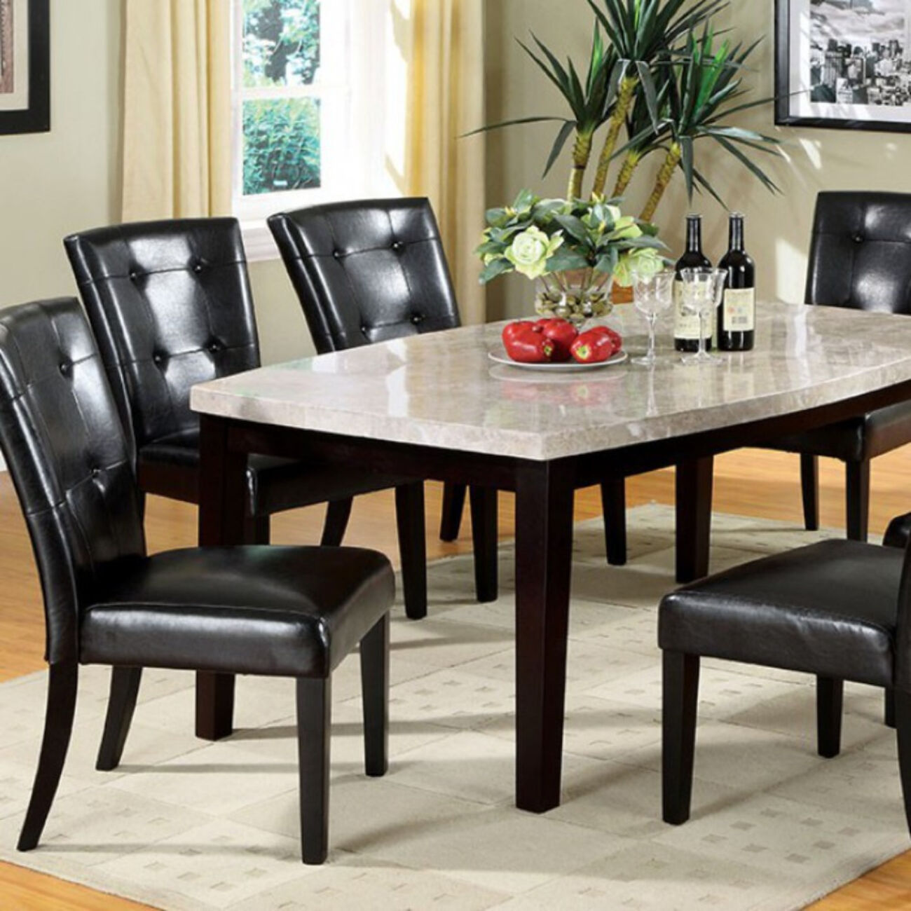 Marion I Marble Top Oval Edge Dining Table, Espresso Finish