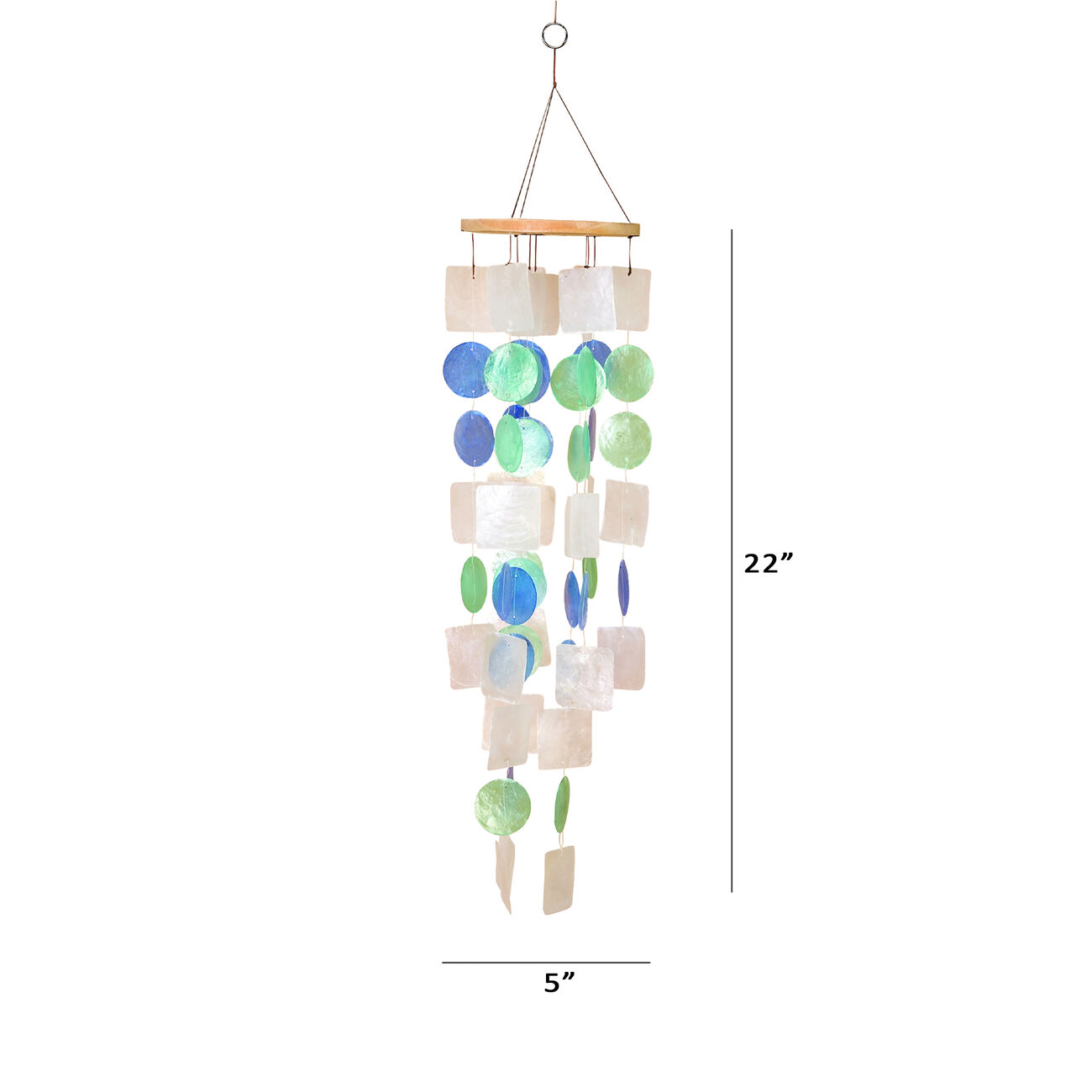 Coastal Inspired Wind Chime with Wooden Round Top and Ring Handle, Multicolor