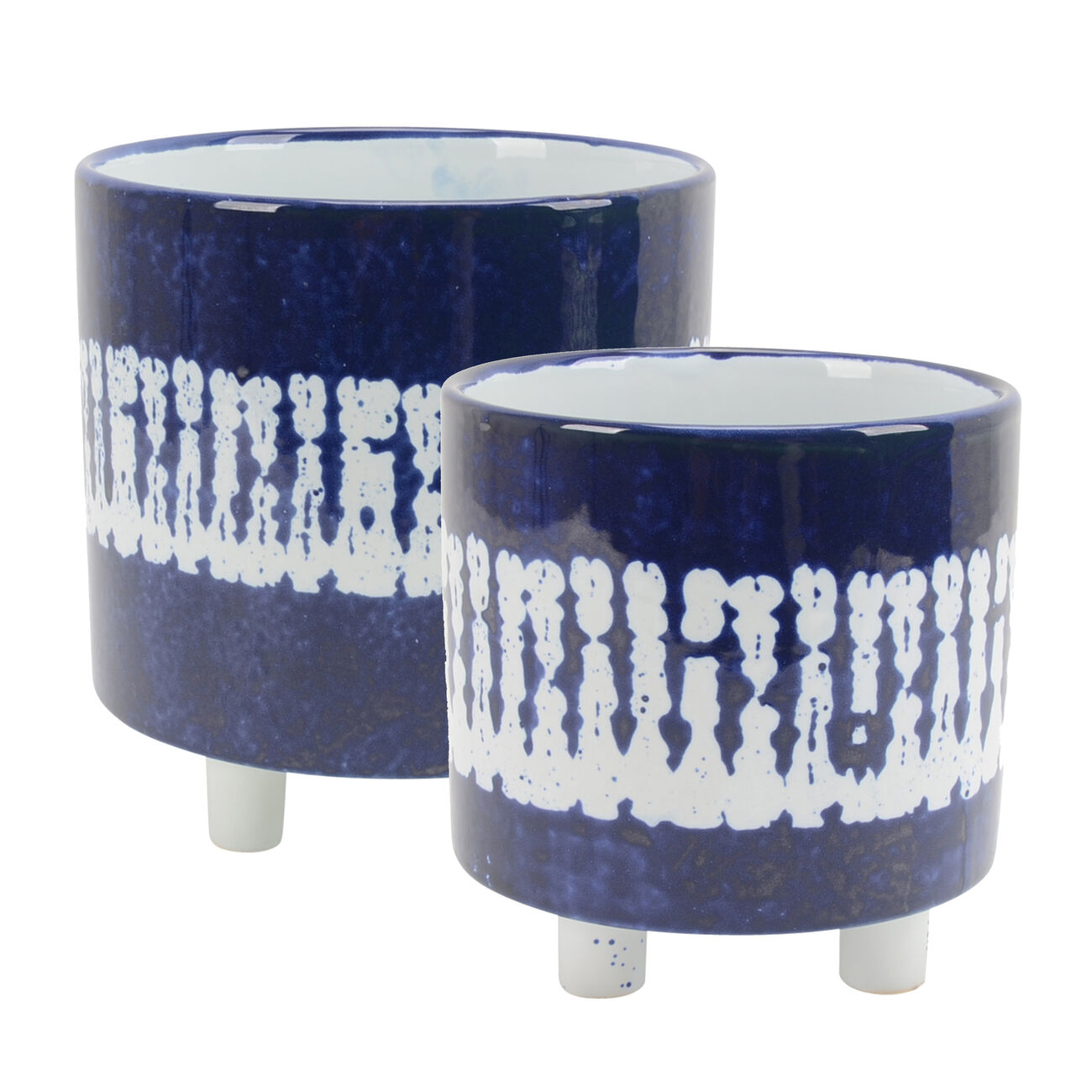 Contemporary Ceramic Footed Planters with Cylindrical Shape, Blue, Set of Two