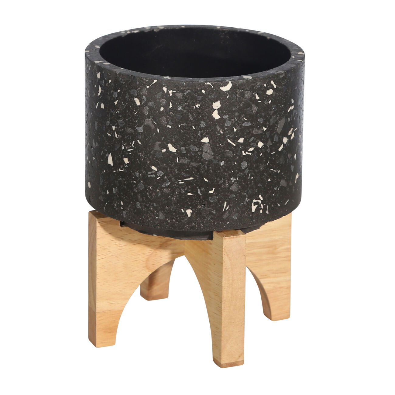 Mosaic Round Cement Planter on Wooden Stand, Small, Black and Brown