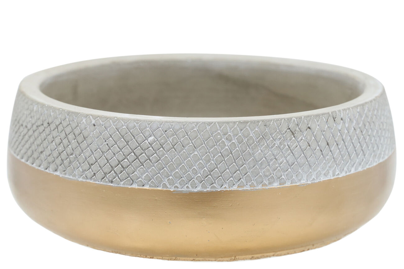 Wide Open Cement Pot with Criss Cross Top and Golden Base,Silver and Gold