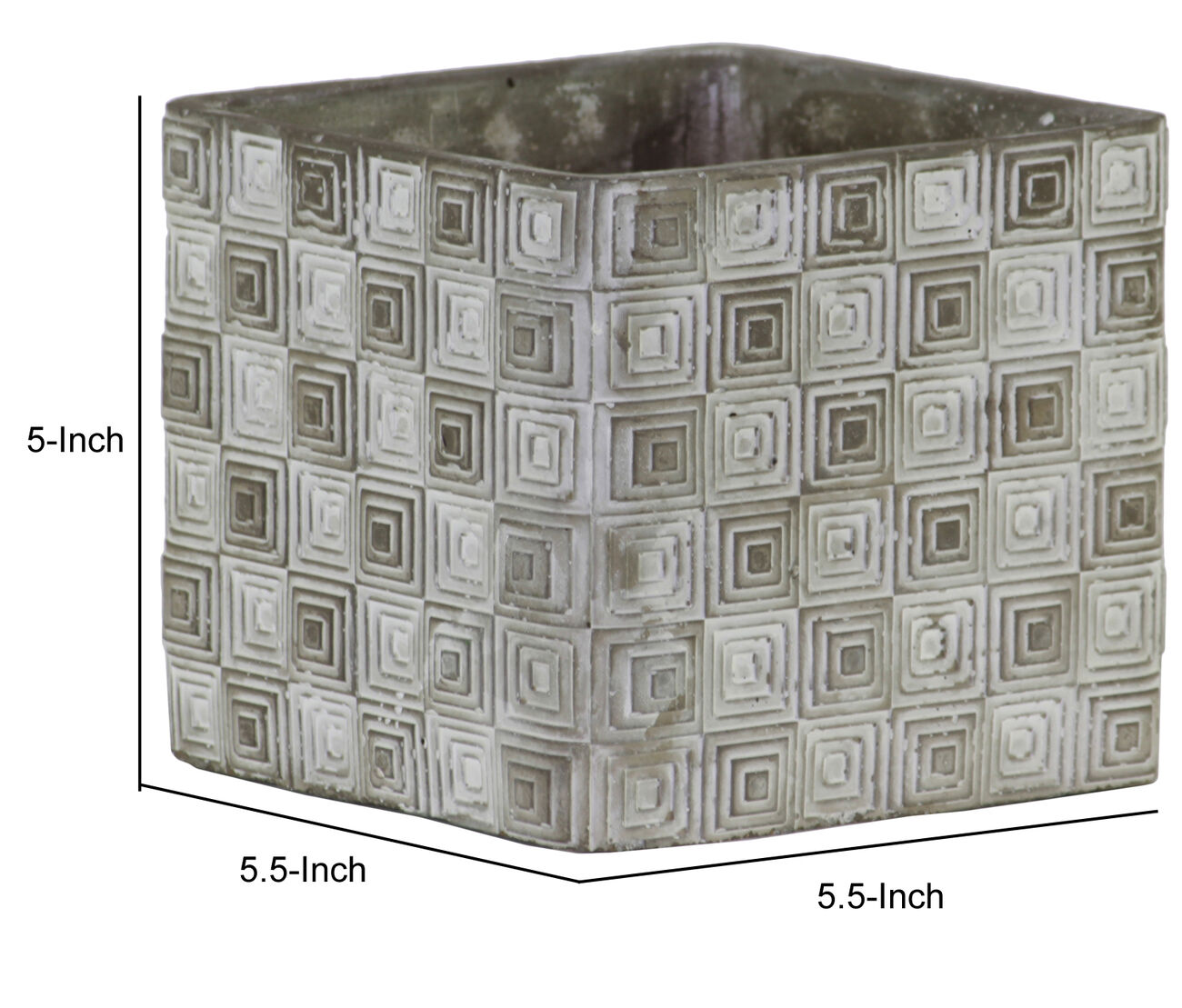 Square Cement Pot with Embossed Geometrical Rectangular Design, Small, Gray