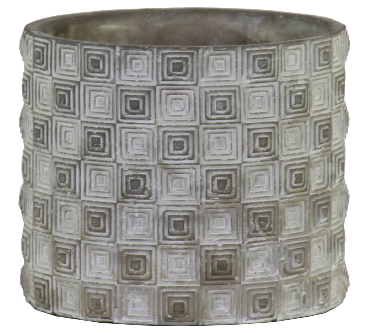Circular Cement Pot with Embossed Geometrical Rectangular design, Gray