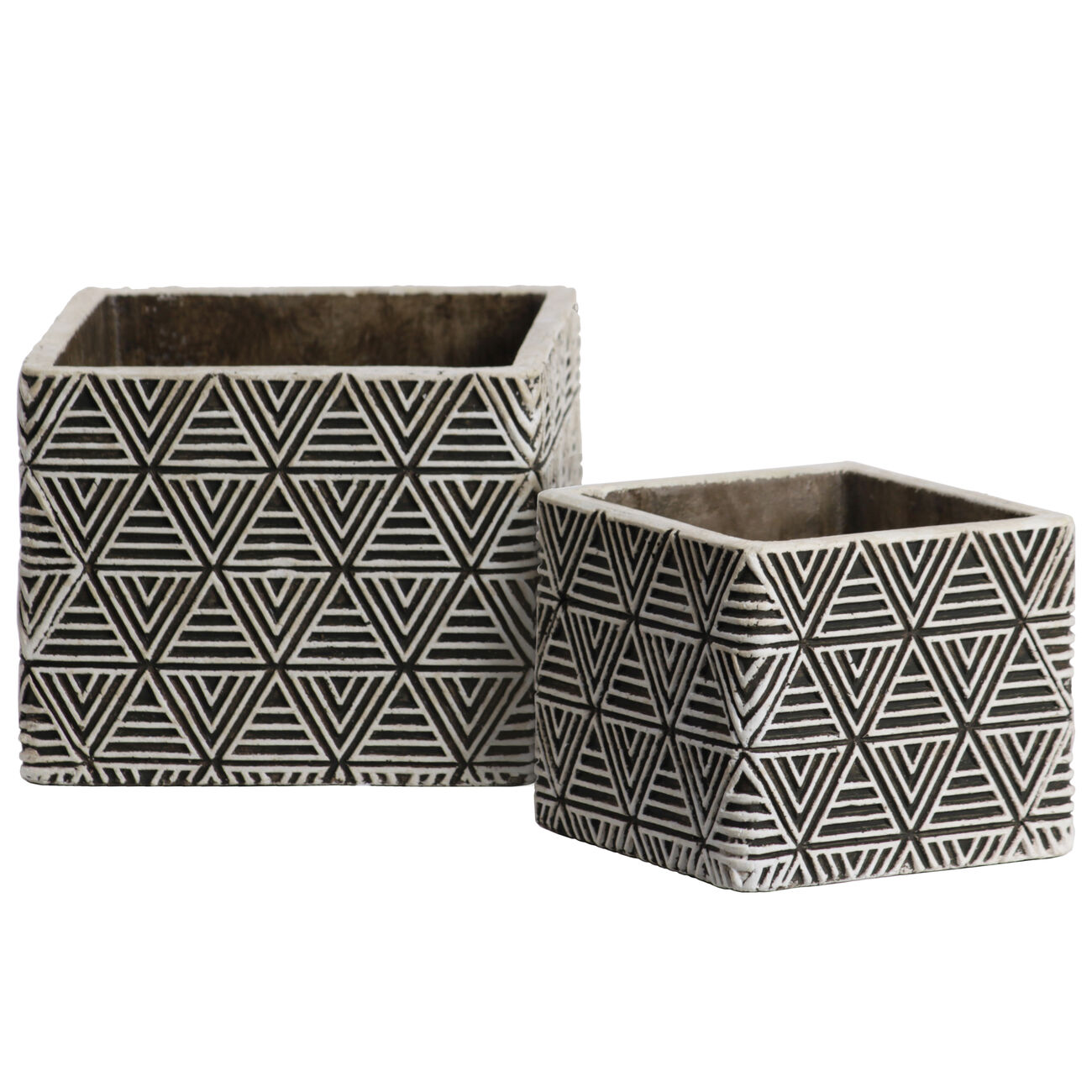 Square Cement Pot with Embossed Triangle Design, Set of 2, Black and White