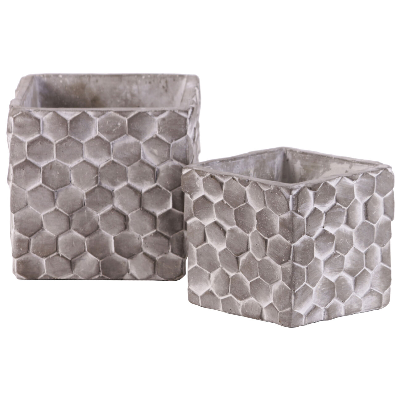 Square Cement Pot with Embossed Hexagonal Design, Set of 2, Washed Gray