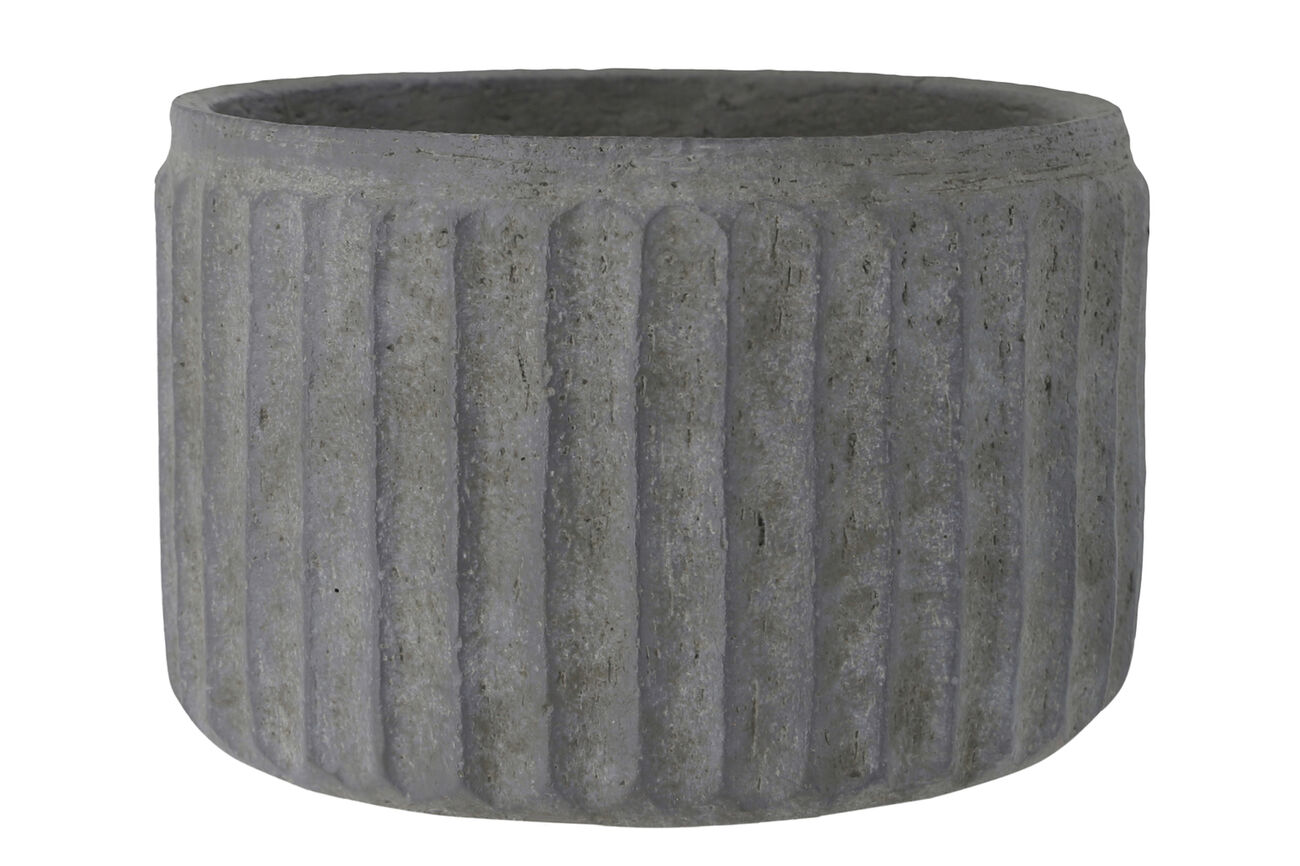 Round Cement Pot with Vertically Pressed Lines, Small, Gray