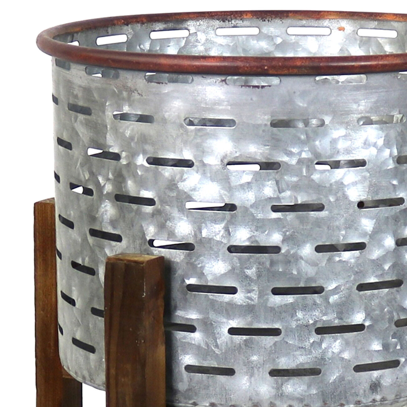 Galvanized Metal Planter with Collapsible Wooden Base, Silver and Brown