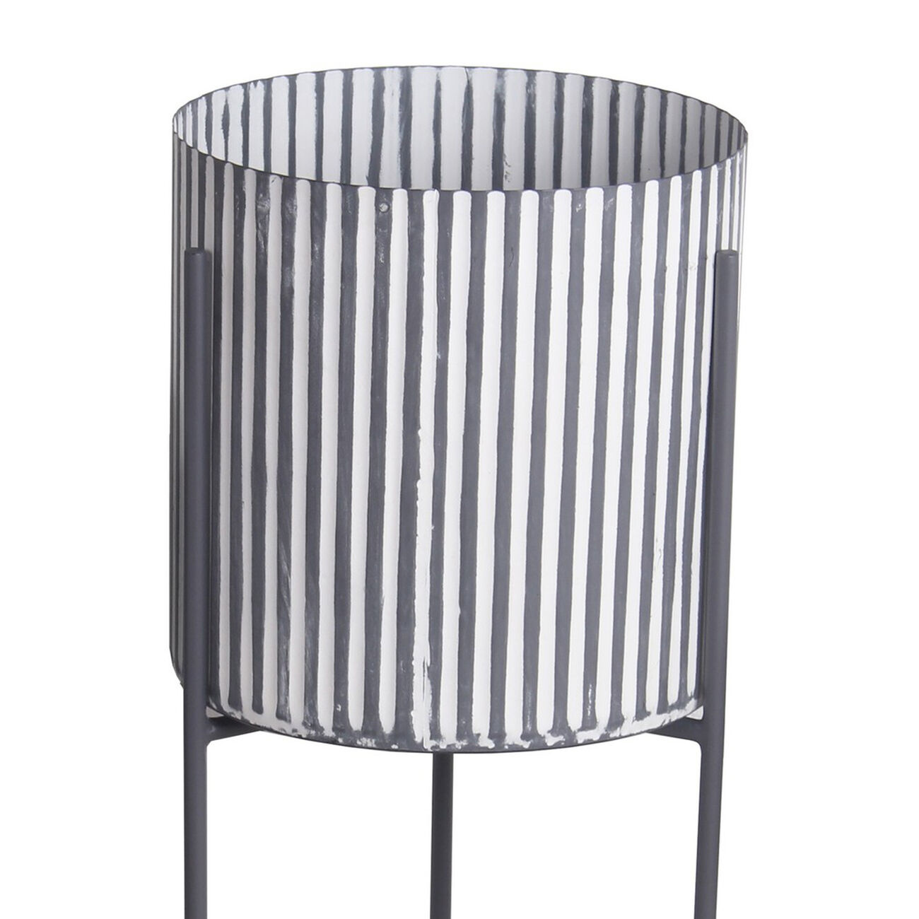 Cylindrical Metal Planter with Corrugated Design, Set of 3, Black and White