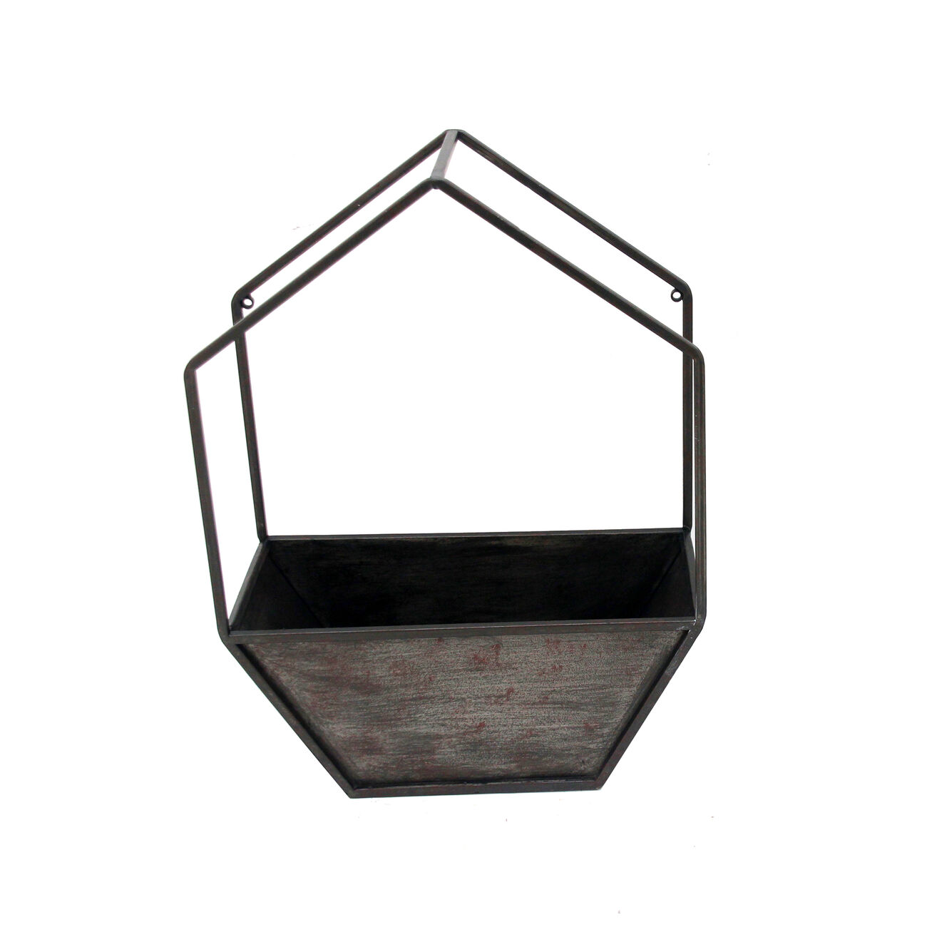 Heptagonal Metal Wall Planter with Wooden Case, Set of 2, Gray and Black