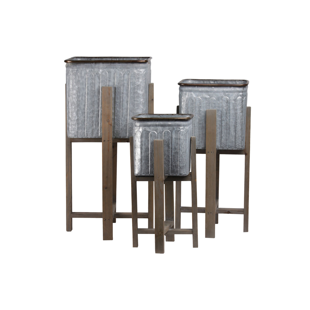 3 Piece Square Vented Design Metal Planters with Copper Rim, Gray and Brown