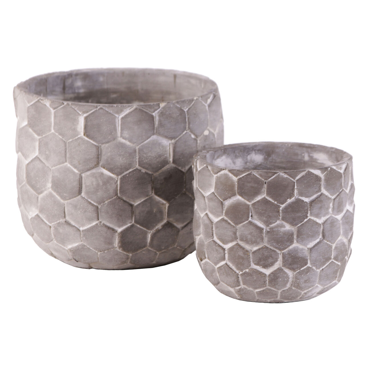 Round Cement Pot with Embossed Hexagonal Design, Set of 2, Washed Gray